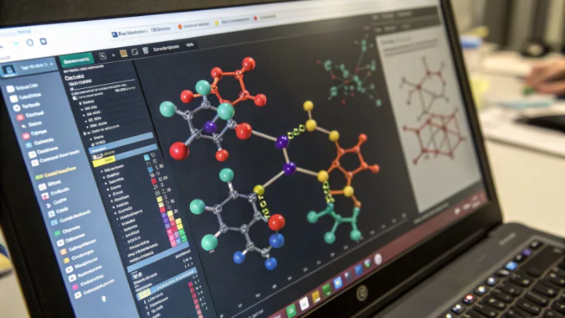 Three-dimensional molecular structure displayed on computer monitor with colored interaction fields