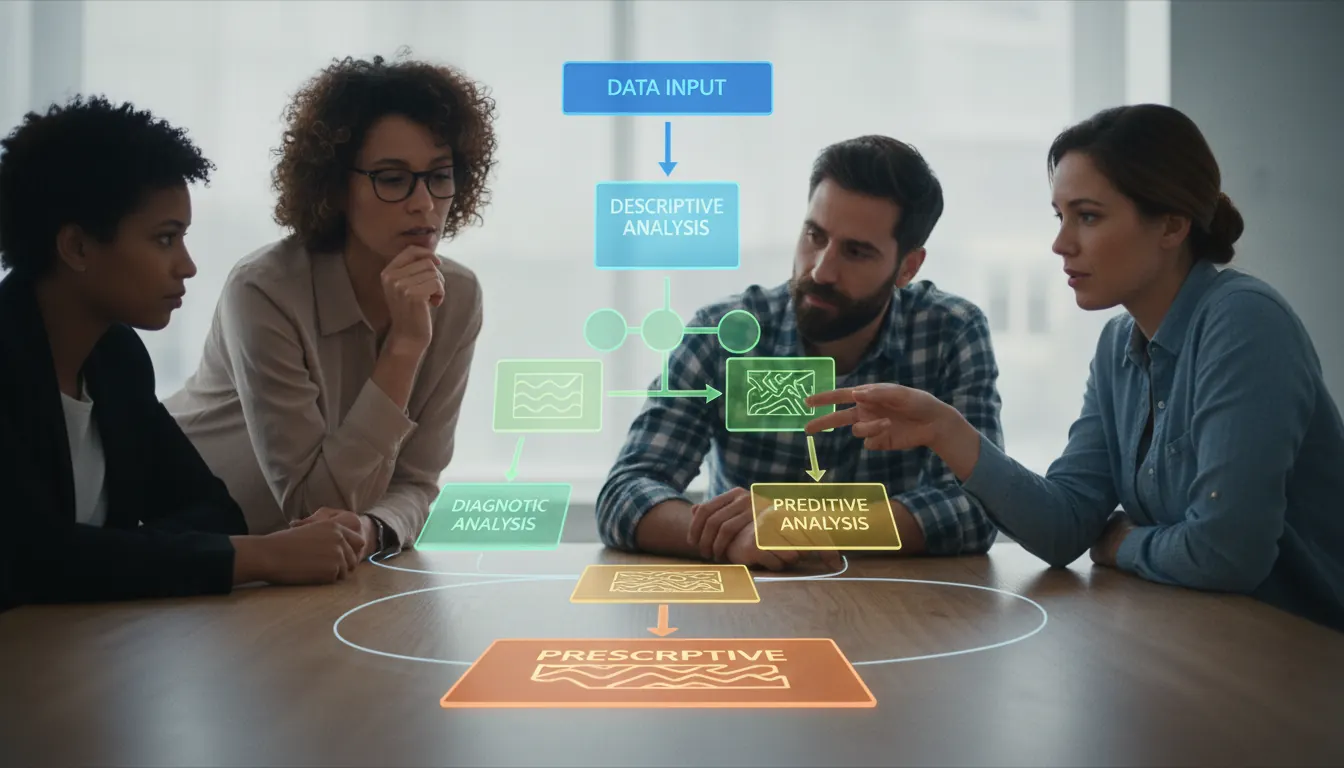 Flowchart showing the four types of data analysis from descriptive through to prescriptive with decision nodes