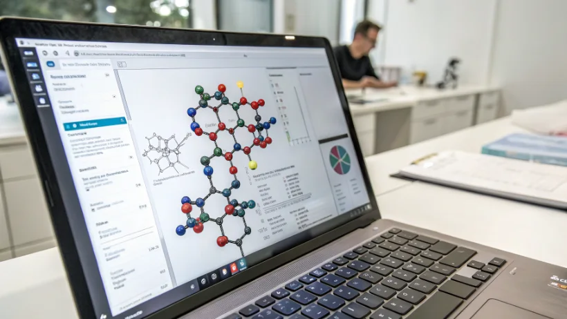 Computer screen displaying molecular structure of drug candidate with property prediction panels and optimization tools