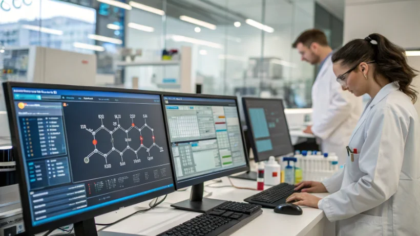 Scientist analyzing molecular docking results on computer showing drug candidate binding to protein target