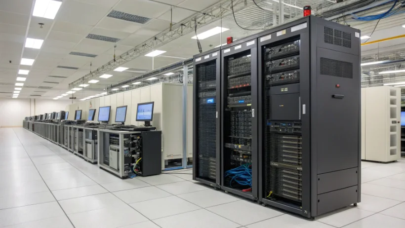 Server infrastructure processing high-volume casino transaction data with visual data flow indicators