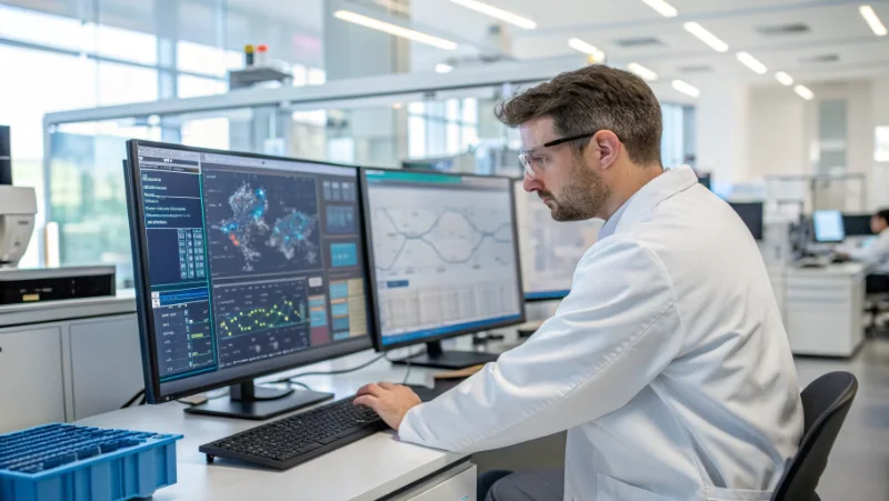 Research scientist using high-throughput data analysis software showing heatmaps and statistical plots on large monitor