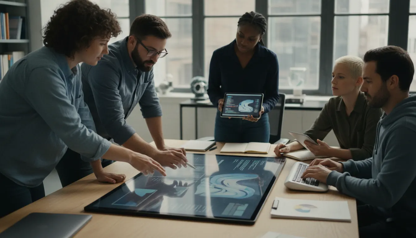 Research team discussing open-source software tools and customization options during a collaborative development session