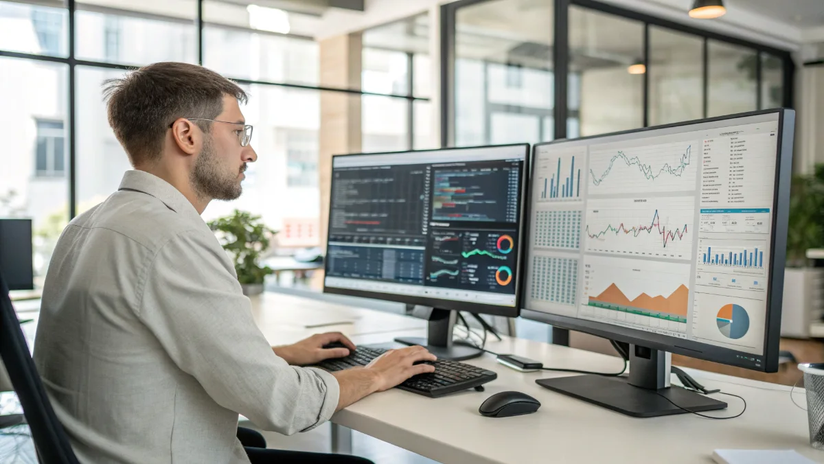 Data analyst working with open source statistical analysis software on dual monitors