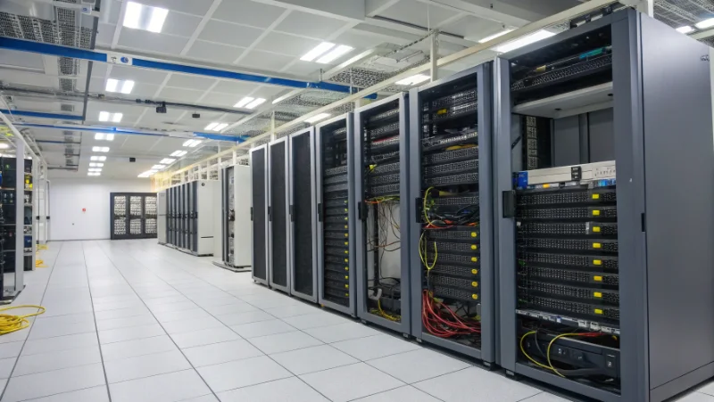 Modern server room with rows of computing hardware and processing equipment